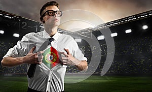 Portugal soccer or football supporter showing flag
