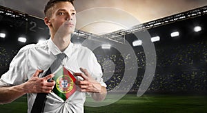 Portugal soccer or football supporter showing flag