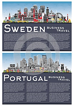 Portugal and Sweden. City Skyline Set with Gray Buildings, Blue Sky and Copy Space