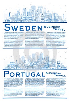 Portugal and Sweden. Outline City Skyline Set with Blue Buildings and Copy Space