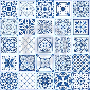 Portugal tile. Spanish square floor and wall covers. Blue and white ornamental arabesque pattern. Geometric patchwork