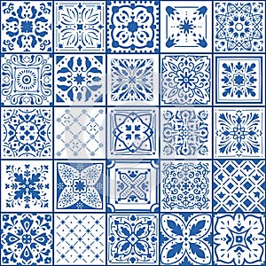 Portugal tile. Spanish square floor and wall covers. Blue and white ornamental arabesque pattern. Geometric patchwork flooring
