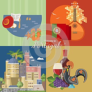 Portugal travel vector card in bright flat style with Lisbon buildings and portuguese souvenirs