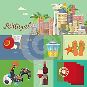 Portugal travel vector postcard in bright flat style with Lisbon buildings and portuguese souvenirs