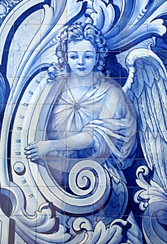 Portugal. Typical blue and white `azulejo` tiles depicting an angel.