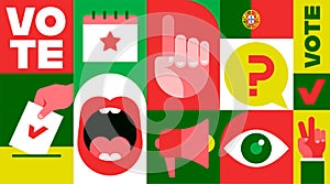 Portugal Vote, election concept design. Modern geometric style. Poster, banner and background. Bold colorful modular