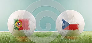 Portugal vs Czechia football match infographic template for Euro 2024 matchday scoreline announcement. Two soccer balls with