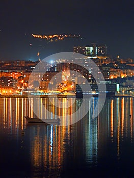 Portugalete at night with city lights and reflections