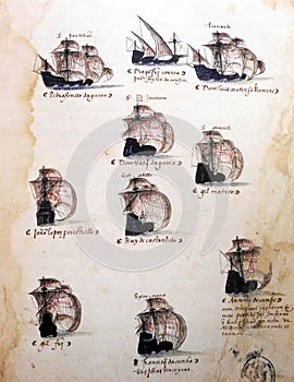 Portugese sailing ships on 16th century manuscript photo