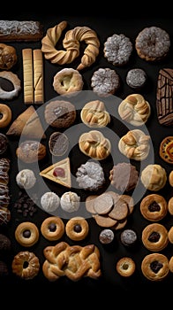 Portugese sweets, flat lay, knolling, top view assorted cookies and traditional desserts, AI generative overhead view