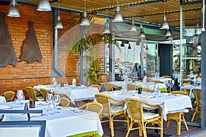 Portugese Travel Concepts. Comfortable Relaxing Open Restaurant In Port of Lisbon in Portugal