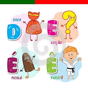 Portuguese alphabet. Candy, question mark, popsicle, karate. The letters and characters.