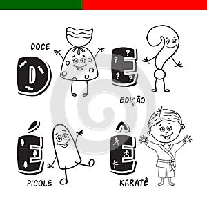 Portuguese alphabet. Candy, question mark, popsicle, karate. The letters and characters.