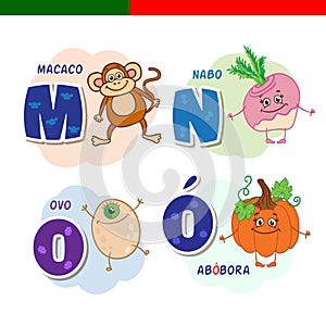 Portuguese alphabet. Monkey, turnips, eggs, pumpkin. The letters and characters.