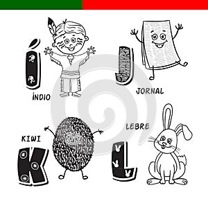 Portuguese alphabet. Newspaper, kiwi, rabbit, Indian. The letters and characters.