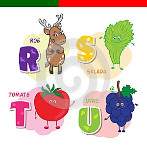 Portuguese alphabet. Roe, lettuce, tomato, grapes. The letters and characters.