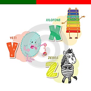 Portuguese alphabet. Xylophone, Yeti, zebra. The letters and characters.