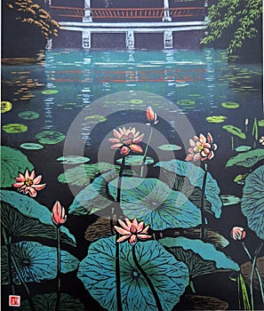 Portuguese Architecture Macau China Scenery Macao Lou Lim Ieoc Garden Lotus Pond Xue Yihan Printmaking Macao Woodblock Print