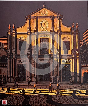 Portuguese Architecture Macau China Scenery Macao St Domingos Square Church Xue Yihan Printmaking Macao Splendour Woodblock Prints