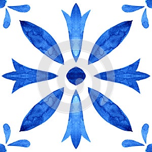 Portuguese azulejo tile. Blue and white gorgeous seamless pattern. Hand painted watercolor.