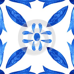 Portuguese azulejo tile. Blue and white gorgeous seamless pattern. Hand painted watercolor.