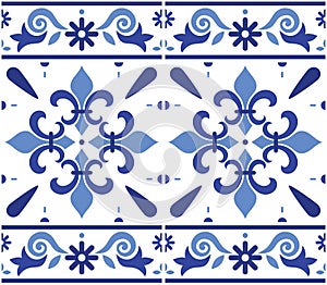 Portuguese Azulejo tile seamless vector decrative pattern with fleur de lis motif, navy blue geometric design with frame or border
