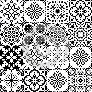 Portuguese Azulejo tile seamless vector pattern, Lisbon geometric and floral black and white retro tiles design collection