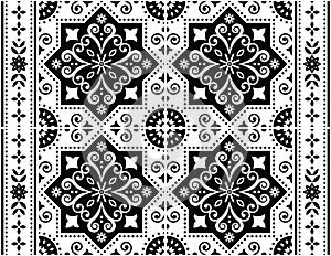 Portuguese Azulejo tile seamless vector pattern, retro design with frame or border in black and white