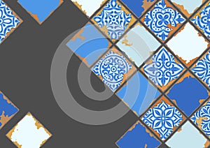 Portuguese azulejo vintage ceramic tile background. Old grunge background with chipped enamel tile. Italian pottery or