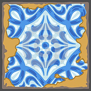 Portuguese azulejo vintage ceramic tile pattern. Old grunge background with chipped enamel tile. Italian pottery or