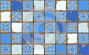 Portuguese azulejo vintage ceramic tile pattern. Old grunge background with chipped enamel tile. Italian pottery or