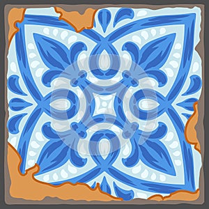 Portuguese azulejo vintage ceramic tile pattern. Old grunge background with chipped enamel tile. Italian pottery or