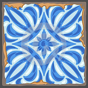 Portuguese azulejo vintage ceramic tile pattern. Old grunge background with chipped enamel tile. Italian pottery or