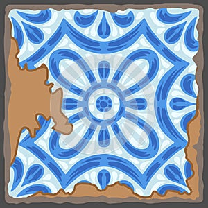 Portuguese azulejo vintage ceramic tile pattern. Old grunge background with chipped enamel tile. Italian pottery or