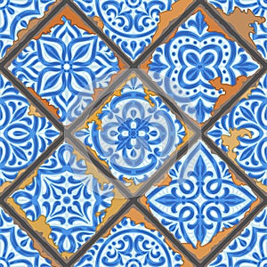 Portuguese azulejo vintage ceramic tile seamless pattern. Old grunge background with chipped enamel tile. Italian