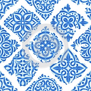 Portuguese azulejo vintage ceramic tile seamless pattern. Old grunge background with chipped enamel tile. Italian