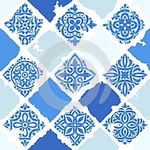 Portuguese azulejo vintage ceramic tile seamless pattern. Old grunge background with chipped enamel tile. Italian