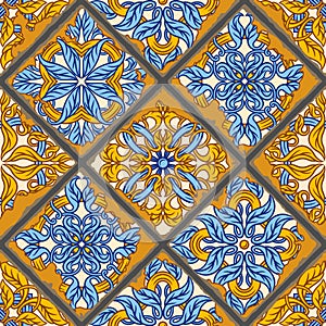 Portuguese azulejo vintage ceramic tile seamless pattern. Old grunge background with chipped enamel tile. Italian