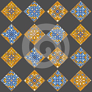 Portuguese azulejo vintage ceramic tile seamless pattern. Old grunge background with chipped enamel tile. Italian