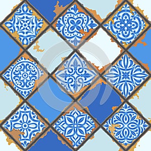 Portuguese azulejo vintage ceramic tile seamless pattern. Old grunge background with chipped enamel tile. Italian