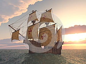 Portuguese caravel of the fifteenth century at sunset