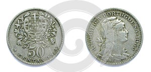 Portugués 50 monedas 1955. monedas muestra pelo de espalda de cabeza 