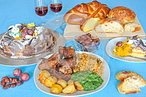 Portuguese Easter Meal. AlmoÃÂ§o de PÃÂ¡scoa with roasted lamb photo
