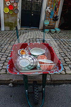 Portuguese Flea Market Wheelbarrow & Dishes