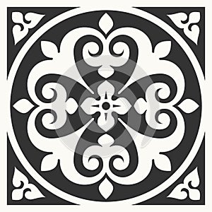 Portuguese floor ceramic tiles azulejo design, mediterranean pattern black and white