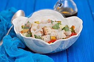 Portuguese gaspacho with bread in white bowl