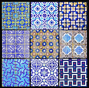 Portuguese Tiles Retro Patchwork, Geometrical Pattern Collage, Glazed Handmade Azulejos, Portugal Street Art, Abstract Background