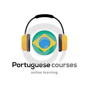 Portuguese language learning logo icon with headphones. Creative portuguese class fluent concept speak test and grammar