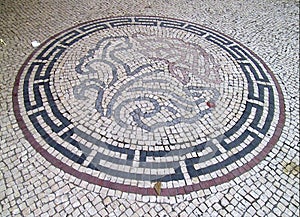 Portuguese Macau Mosaic Macao Mosaico Cobblestone Street Pavement Old Taipa Village Pei Tai Temple Taoism Religious Pattern Deco photo