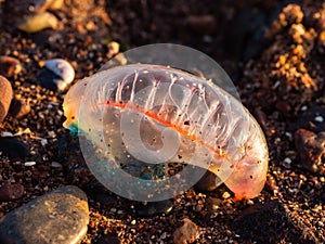 Portuguese Man O` War marine hydrozoan washed up on a beach in Devon, UK